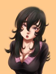 Rule 34 | 1girl, black eyes, black hair, blush stickers, breasts, cleavage, elista-san, eyebrows, kamisuki, long hair, open mouth, original, solo, thick eyebrows