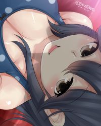 Rule 34 | 10s, 1girl, black hair, blasowa, breasts, brown eyes, cleavage, dated, from above, highres, kantai collection, looking up, one-piece swimsuit, open mouth, polka dot, polka dot swimsuit, shadow, smile, solo, swimsuit, twitter username, ushio (kancolle)