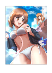 Rule 34 | 2girls, :d, arm up, bikini, blue sky, breasts, brown eyes, brown hair, cameltoe, cleavage, cloud, day, girls und panzer, lens flare, medium breasts, multiple girls, navel, nishizumi miho, open mouth, outdoors, outstretched hand, panzer iv, ribbon, short hair, side-tie bikini bottom, sideboob, sky, smile, solo focus, swimsuit, t k, takebe saori, tank, underboob, white bikini, white ribbon
