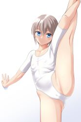 Rule 34 | 1girl, absurdres, against wall, athletic leotard, ballet, bare legs, blue eyes, breasts, cameltoe, cleft of venus, commentary request, cowboy shot, flat chest, grey hair, highres, leotard, looking at viewer, original, parted lips, ribs, short hair, short sleeves, simple background, small breasts, solo, split, standing, standing on one leg, standing split, takafumi, variant set, white background, white leotard