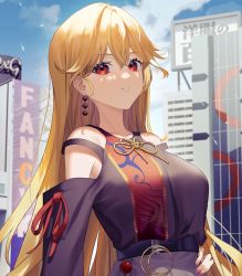 Rule 34 | 1girl, adapted costume, aya (lezon), bare shoulders, belt, black dress, blonde hair, breasts, building, city, clothing cutout, crescent, day, dress, earrings, hand on own hip, highres, jewelry, junko (touhou), large breasts, long hair, looking at viewer, nail polish, outdoors, parted lips, pink nails, red eyes, red ribbon, ribbon, shoulder cutout, smile, solo, straight hair, touhou, upper body, very long hair