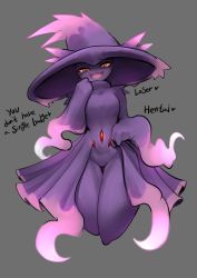 Rule 34 | 1girl, creatures (company), fang, floating, game freak, gen 4 pokemon, ghost, ghost girl, gipehtyboo, grey background, hat, highres, mismagius, nintendo, open mouth, personification, pokemon, purple hat, red eyes, simple background, smug, solo, witch hat