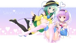 Rule 34 | 2girls, adapted costume, bad id, bad pixiv id, black footwear, black hairband, black hat, boots, bow, cropped torso, detached sleeves, green eyes, hair ornament, hairband, hat, hat bow, hat ribbon, heart, heart hair ornament, highres, komeiji koishi, komeiji satori, long hair, looking at viewer, midriff, miniskirt, multiple girls, navel, pink hair, pleated skirt, red eyes, ribbon, short hair, skirt, smile, stomach, thigh boots, thighhighs, touhou, white footwear, white skirt, yaki mayu, yellow bow, yellow ribbon, zettai ryouiki
