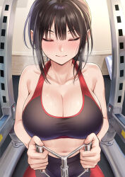 Rule 34 | 1girl, black hair, blush, breasts, breath, cleavage, closed eyes, closed mouth, collarbone, commentary request, distortion, exercising, gym, hand grip, highres, indoors, kanden sky, large breasts, messy hair, navel, original, sidelocks, sparkling sweat, sports bra, stomach, sweat, upper body, wall, workout clothes