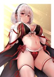 Rule 34 | 1girl, absurdres, azur lane, bare shoulders, bikini, blush, breast suppress, breasts, cape, christmas, cleavage, commentary request, cowboy shot, detached sleeves, gloves, groin, hair between eyes, hairband, half gloves, highres, lace-trimmed hairband, lace trim, large breasts, light particles, light rays, looking at viewer, midriff, navel, parted lips, red bikini, red cape, red eyes, red ribbon, ribbon, ribbon-trimmed legwear, ribbon-trimmed sleeves, ribbon trim, santa bikini, seabread, short hair, sidelocks, sirius (azur lane), skindentation, solo, sparkle, standing, swimsuit, thighhighs, white gloves, white hair, white sleeves, white thighhighs