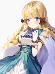 Rule 34 | 1girl, blonde hair, blue dress, blue eyes, blush, bow, breasts, brown bow, capelet, closed mouth, dress, gloves, green eyes, grey background, hair bow, hands up, index finger raised, k mugura, long hair, looking at viewer, multicolored eyes, princess connect!, puffy short sleeves, puffy sleeves, saren (princess connect!), shirt, short sleeves, simple background, small breasts, smile, solo, split mouth, white capelet, white gloves, white shirt, wing hair ornament