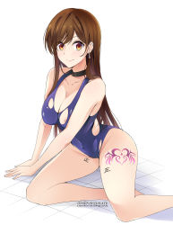 Rule 34 | 1girl, absurdres, arm support, artist name, bare arms, bare legs, black choker, blue one-piece swimsuit, blush, body writing, breasts, brown eyes, brown hair, choker, cleavage, earrings, feet out of frame, groin, gs (onsen syndicate), highres, jewelry, kanojo okarishimasu, large breasts, leg tattoo, looking at viewer, mizuhara chizuru, nipple piercing, nipple slip, nipples, one-piece swimsuit, piercing, sidelocks, simple background, sitting, sleeveless, smile, solo, swimsuit, tattoo, torn clothes, torn swimsuit, white background