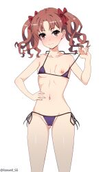 Rule 34 | 1girl, absurdres, artist name, bikini, black bikini, blush, bow, breasts, brown eyes, brown hair, collarbone, commission, cowboy shot, gluteal fold, hair bow, hand on own stomach, hand up, highres, holding strap, huge filesize, long hair, looking at viewer, navel, nipple slip, nipples, pixiv commission, red hair, roswell ss, shiny skin, shirai kuroko, simple background, small breasts, smile, solo, standing, swimsuit, toaru kagaku no railgun, toaru majutsu no index, twintails, white background