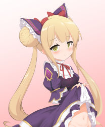 Rule 34 | absurdres, blonde hair, blush, bow, breasts, brown eyes, clothes lift, commentary request, double bun, dress, dress lift, gradient background, groin, hair bow, hair bun, highres, layered sleeves, lifting own clothes, long hair, long sleeves, looking at viewer, luna (shadowverse), momio, navel, neck ribbon, out-of-frame censoring, parted lips, pink background, puffy short sleeves, puffy sleeves, purple dress, red bow, red ribbon, ribbon, shadowverse, short over long sleeves, short sleeves, small breasts, solo, twintails, very long hair