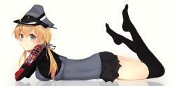 Rule 34 | 10s, 1girl, anchor hair ornament, black ribbon, black skirt, black thighhighs, blonde hair, blue eyes, blush, cross, hair ornament, hair ribbon, hat, highres, iron cross, kantai collection, long hair, long sleeves, looking at viewer, lying, military, military uniform, miniskirt, moshoko (mizuneroku), on stomach, over-kneehighs, peaked cap, pleated skirt, prinz eugen (kancolle), reflection, ribbon, simple background, skirt, smile, solo, thighhighs, twintails, uniform, white background