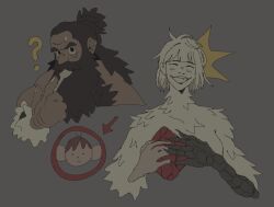 Rule 34 | 1boy, 1girl, :d, ?, beard, body fur, brown hair, chilchuck tims, cropped torso, demon girl, dungeon meshi, dwarf, facial hair, falin touden, holding, holding spoon, long beard, looking at viewer, michfoolery, monster girl, monsterification, muscular, muscular male, muted color, open mouth, senshi (dungeon meshi), smile, spoon, thick mustache, very long beard, wrinkled skin