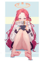 Rule 34 | 1girl, absurdres, ass, barefoot, blue archive, blush, bow, chinese commentary, commentary request, covered mouth, feet, forehead, full body, grey eyes, hair bow, halo, handheld game console, high collar, highres, holding, holding handheld game console, jacket, knees together feet apart, long hair, long sleeves, looking at viewer, nian962464, nintendo switch, no pants, panties, parted bangs, red hair, revision, sitting, soles, solo, sweat, thighs, toes, underwear, very long hair, white bow, white jacket, white panties, yuzu (blue archive)