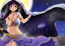 Rule 34 | 1girl, aqua eyes, arabian clothes, artist name, artist request, bare shoulders, blush, bracelet, braid, breasts, choker, cleavage, collarbone, dancer, earrings, female focus, flower, galaxy, glint, green eyes, hair ornament, jewelry, long hair, long twintails, looking at viewer, love live!, love live! school idol festival, love live! school idol project, low twintails, medium breasts, navel, necklace, night, night sky, parted lips, pearl necklace, plant, purple hair, purple skirt, rose, satolive20, side braid, single braid, skirt, sky, smile, solo, sparkle, star (sky), tojo nozomi, twintails, veil, vines, yellow choker
