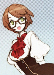 Rule 34 | brown hair, glasses, green eyes, open mouth, ribbon, short hair, solo, tearfish