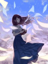 Rule 34 | 1girl, bad id, bad pixiv id, blouse, blue skirt, blue sky, book, brown eyes, brown hair, closed mouth, cloud, cloudy sky, day, highres, holding, holding book, long hair, long skirt, open book, original, paper, pleated skirt, saitou (lynx-shrike), shirt, short sleeves, sidelocks, skirt, sky, solo, standing, tears, white shirt, wind