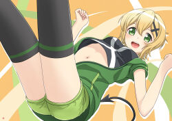 Rule 34 | 1girl, absurdres, akatsuki kirika, black shirt, black thighhighs, blonde hair, clenched hands, commentary, demon tail, floating, green eyes, green jacket, green shorts, hair ornament, highres, jacket, looking at viewer, nao suke, navel, open clothes, open jacket, open mouth, senki zesshou symphogear, shirt, short hair, short shorts, shorts, single horizontal stripe, smile, solo, tail, thighhighs, x hair ornament