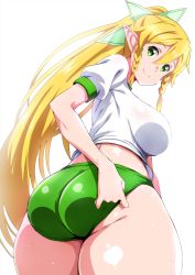 Rule 34 | 1girl, absurdres, ass, blonde hair, braid, breasts, buruma, closed mouth, from behind, green buruma, green eyes, gym uniform, highres, island (kossori), large breasts, leafa, long hair, looking at viewer, looking back, pointy ears, ponytail, short sleeves, smile, solo, sword art online, thighs, twin braids