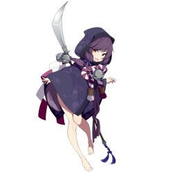 Rule 34 | 1girl, barefoot, bell, fang, full body, highres, hood, long hair, looking at viewer, low-tied long hair, naginata, open mouth, polearm, purple hair, simple background, solo, tail, weapon, white background, yellow eyes, youkai hyakki-tan!