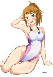 Rule 34 | 1girl, absurdres, adapted costume, aiuti, arm support, blue eyes, breasts, brown hair, collarbone, commentary request, competition swimsuit, covered navel, cowboy shot, groin, gundam, gundam build fighters, gundam build fighters try, highleg, highleg swimsuit, highres, hoshino fumina, medium breasts, medium hair, one-piece swimsuit, ponytail, scrunchie, simple background, sitting, solo, swimsuit, twitter username, two-tone swimsuit, white background, white one-piece swimsuit, yokozuwari