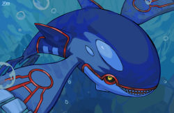 Rule 34 | air bubble, black sclera, bubble, colored sclera, commentary request, creatures (company), game freak, gen 3 pokemon, kyogre, legendary pokemon, looking at viewer, nintendo, no humans, open mouth, oyasuminjyutsu, pokemon, pokemon (creature), sharp teeth, solo, teeth, underwater, yellow eyes