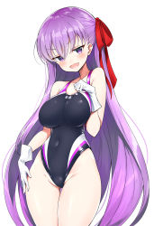 Rule 34 | 1girl, absurdres, bb (fate), bb (fate), bb (fate/extra), black one-piece swimsuit, competition swimsuit, cowboy shot, fate/grand order, fate (series), gloves, gluteal fold, groin, hair ribbon, highleg, highleg swimsuit, highres, ichi-jirushi, long hair, looking at viewer, one-piece swimsuit, purple eyes, purple hair, red ribbon, ribbon, simple background, smile, solo, standing, swimsuit, v-shaped eyebrows, very long hair, white background, white gloves