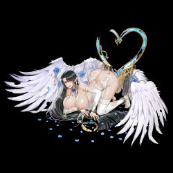 Rule 34 | 1girl, all fours, angel, angel wings, ass, azazel (last origin), black background, black hair, blue flower, blue rose, blunt bangs, blush, breast hold, breasts, bridal gauntlets, butt crack, cuts, detached collar, elbow gloves, embarrassed, feathers, feet, female focus, flower, garter belt, garter straps, gloves, hair over one eye, huge ass, huge breasts, injury, jewelry, last origin, legs, long hair, looking at viewer, necklace, nipples, no bra, no panties, open mouth, petals, pink eyes, rose, solo, sweat, tachi-e, taesi, thighhighs, thighs, third-party edit, toes, topless, torn clothes, torn thighhighs, very long hair, wings, wreath