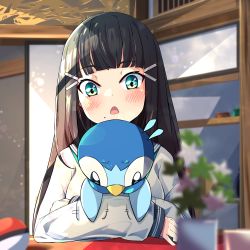 Rule 34 | 1girl, absurdres, black hair, blunt bangs, blush, blush stickers, chestnut mouth, commission, creatures (company), crossed arms, game freak, gen 4 pokemon, green eyes, hair ornament, hairclip, highres, holding, holding pokemon, indoors, kurosawa dia, long hair, long sleeves, looking down, love live!, love live! sunshine!!, mole, mole under mouth, motion lines, nintendo, open mouth, piplup, pixiv commission, plant, poke ball, pokemon, pokemon (creature), potted plant, school uniform, serafuku, shelf, solo, struggling, sweatdrop, woruta (soloistlist)