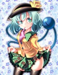 Rule 34 | 1girl, bad id, bad pixiv id, black thighhighs, clothes lift, floral background, floral print, green eyes, hat, hat ribbon, juliet sleeves, komeiji koishi, long sleeves, looking at viewer, mouth hold, oimo (imoyoukan), oimonocake, panties, panties in mouth, unworn panties, pink panties, polka dot, polka dot panties, puffy sleeves, ribbon, shirt, silver hair, skirt, skirt lift, smile, solo, thighhighs, thighs, third eye, touhou, underwear, zettai ryouiki