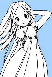 Rule 34 | 1girl, arm at side, arm up, blue background, blue theme, blush, breasts, casual, commentary request, dot nose, dress, floating hair, forehead, from below, greyscale, hand on own head, highres, hitoribocchi no marumaru seikatsu, katsuwo (cr66g), long hair, monochrome, open mouth, simple background, sleeveless, sleeveless dress, solo, sotoka rakita, split mouth, sundress