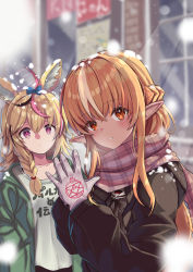 Rule 34 | 2girls, absurdres, ahoge, animal ear fluff, animal ears, blonde hair, blue bow, blurry, blurry background, blush, bow, braid, brown jacket, clothes writing, collarbone, commentary request, dark-skinned female, dark skin, enpera, fox ears, fullmetal alchemist, gloves, green jacket, green shirt, hair between eyes, hair bow, heart, heart-shaped pupils, highres, hololive, jacket, looking at viewer, magic circle, multicolored hair, multiple girls, omaru polka, open clothes, open jacket, outdoors, own hands together, parted lips, pink eyes, pink hair, pink scarf, plaid, plaid scarf, pointy ears, ral (ralf), red eyes, scarf, shiranui flare, shirt, snowing, streaked hair, symbol-shaped pupils, upper body, virtual youtuber, white gloves, white hair