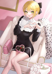 Rule 34 | 1girl, :d, animal print, anoa, armchair, bag, black bow, black dress, blonde hair, bouquet, bow, box, breasts, chair, chocolate, commentary request, dress, flower, green eyes, hair bow, handbag, hands up, heart, heart-shaped box, heart hands, highres, idolmaster, idolmaster cinderella girls, leopard print, long sleeves, looking at viewer, miyamoto frederica, on chair, open mouth, pillow, puffy long sleeves, puffy sleeves, rose, small breasts, smile, solo, white flower, white rose