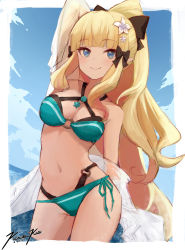 Rule 34 | 1girl, aqua bikini, arm behind head, bikini, bikini under clothes, black bow, blonde hair, blue eyes, blue sky, border, bow, breasts, cleavage, cloud, commentary, dated, dutch angle, english commentary, flower, hair flower, hair ornament, highres, layered bikini, light blush, long hair, looking at viewer, medium breasts, navel, o-ring, o-ring bikini, outside border, pointy ears, princess connect!, punished pigeon, saren (princess connect!), saren (summer) (princess connect!), signature, sky, smile, solo, swimsuit, swimsuit under clothes, very long hair, water, white border