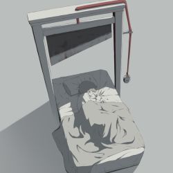 Rule 34 | 1boy, alarm clock, avogado6, bed, bed sheet, blade, blanket, clock, commentary, fetal position, guillotine, long sleeves, lying, on side, original, pillow, red rope, rope, sheet grab, shirt, short hair, simple background, sleeping, white hair, white shirt