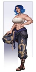 Rule 34 | abs, arms at sides, bandages, blue eyes, blue hair, breasts, htreww, large breasts, muscular, muscular female, scar