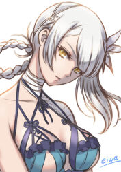 Rule 34 | 1girl, bandaged neck, bandages, bare shoulders, braid, breasts, cleavage, collarbone, cropped torso, eiwa, flower, grey hair, hair flower, hair ornament, kaine (nier), large breasts, lingerie, looking at viewer, nier, nier (series), parted lips, signature, smile, solo, swept bangs, underwear, white background, yellow eyes