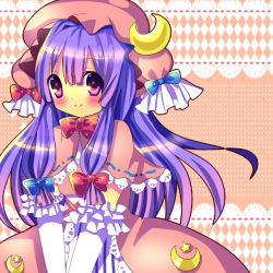 Rule 34 | 1girl, blush, capelet, chocolat (momoiro piano), coat, crescent, dress, elbow gloves, gloves, hair ribbon, hat, long hair, open clothes, open coat, patchouli knowledge, pink eyes, purple eyes, purple hair, ribbon, smile, solo, striped clothes, striped dress, touhou, tress ribbon, very long hair, white gloves