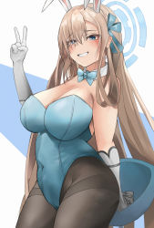 Rule 34 | 1girl, asuna (blue archive), asuna (bunny) (blue archive), bare shoulders, black pantyhose, blue archive, blue leotard, blush, bow, bowtie, breasts, brown hair, cleavage, covered navel, cowboy shot, detached collar, elbow gloves, eyes visible through hair, gloves, hair ornament, hair over one eye, halo, hand up, highleg, highleg leotard, highres, large breasts, leotard, long hair, looking at viewer, pantyhose, parted lips, playboy bunny, smile, solo, teeth, traditional bowtie, umber00, v, white gloves
