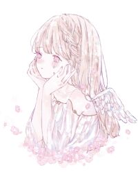 Rule 34 | 1girl, angel wings, bare shoulders, blonde hair, blush, braid, closed mouth, collarbone, crying, crying with eyes open, dress, feathered wings, flower, hands on own face, highres, kotono n0, long hair, original, pink eyes, pink flower, simple background, solo, tears, upper body, white background, white dress, white wings, wings