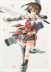 Rule 34 | aircraft, airplane, bare shoulders, black hair, black neckerchief, black skirt, black socks, brown eyes, brown hair, buttons, cherry blossoms, commentary, double-breasted, elbow gloves, fingerless gloves, fishnets, flying boat, gloves, hair ornament, highres, jewelry, kantai collection, kneehighs, neckerchief, ring, scarf, seaplane, searchlight, sendai (kancolle), short hair, single kneehigh, single sock, single thighhigh, skirt, smile, socks, solo, thighhighs, torpedo, torpedo launcher, torpedo tubes, tugo, two side up, wedding band, white scarf, wind