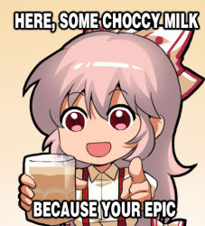 Rule 34 | 1girl, :d, beige background, bow, chibi, chinese commentary, chocolate milk, commentary request, cup, drinking glass, english text, fujiwara no mokou, hair between eyes, hair bow, holding, holding cup, jokanhiyou, long hair, looking at viewer, meme, open mouth, pink hair, pointing, pointing at viewer, red eyes, shirt, sidelocks, smile, solo, suspenders, touhou, upper body, white bow, white shirt