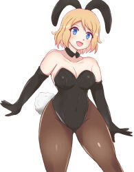 Rule 34 | 1girl, bare shoulders, black leotard, blonde hair, blue eyes, breasts, cleavage, creatures (company), curvy, game freak, highleg, highleg leotard, leotard, looking at viewer, medium breasts, nintendo, open mouth, playboy bunny, pokemon, pokemon (anime), pokemon xy (anime), re-tori, serena (pokemon), short hair, smile, solo, thick thighs, thighs, wide hips