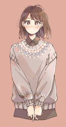 Rule 34 | 1girl, absurdres, blank stare, blush, bob cut, bright pupils, brown eyes, brown shirt, brown skirt, closed mouth, collared shirt, dot mouth, dot nose, expressionless, grey sweater, highres, index finger raised, knit sweater, light blush, long sleeves, maria komaki, no legs, nose blush, original, pink background, print sweater, shirt, short hair, simple background, skirt, solo, straight-on, sweater, upper body, v arms