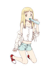 Rule 34 | 1boy, androgynous, blonde hair, bottle, jacket, july, kneeling, long hair, male focus, midriff, montanyaoh, navel, no socks, off shoulder, original, parted lips, short shorts, shorts, simple background, solo, trap, white background, yellow eyes