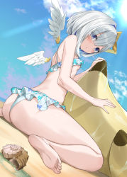 Rule 34 | 1girl, :&lt;, amane kanata, angel wings, ass, back, barefoot, beach, bikini, blue hair, blue sky, blush, bob cut, breasts, cloud, colored inner hair, commentary, crystal shoujo, detached wings, feathered wings, feathers, feet, foreshortening, frilled bikini, frills, from side, hair between eyes, halo, highres, hololive, inflatable toy, light rays, looking at viewer, looking back, looking down, mini wings, multicolored hair, outdoors, parted lips, perspective, purple eyes, seashell, shell, short hair, single hair intake, sitting, sky, small breasts, soles, solo, star halo, streaked hair, sunbeam, sunlight, swimsuit, two-tone hair, underboob, virtual youtuber, wariza, wet, white bikini, white feathers, white hair, white wings, wings
