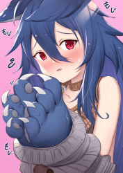 Rule 34 | 1girl, animal hands, bare shoulders, blue gloves, blue hair, blush, commentary request, fang, fenrir (shingeki no bahamut), flying sweatdrops, gloves, granblue fantasy, hair between eyes, hands up, highres, long hair, looking at viewer, parted lips, paw gloves, pink background, red eyes, simple background, solo, uneg, upper body, very long hair