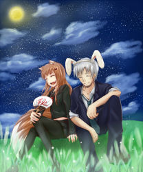 Rule 34 | 1boy, 1girl, animal ears, black pantyhose, black serafuku, blue jacket, blue pants, boots, brown hair, closed eyes, cloud, collarbone, commentary request, craft lawrence, fake animal ears, full moon, hair ornament, hairclip, hand fan, highres, holding, holding fan, holo, jacket, moon, necktie, night, night sky, pants, pantyhose, paper fan, rabbit ears, red neckwear, school uniform, serafuku, silver hair, sitting, sky, smile, spice and wolf, star (sky), sylphya, tail, wolf ears, wolf tail