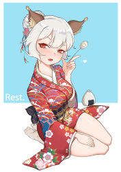 Rule 34 | 1girl, absurdres, animal ear fluff, animal ears, bad id, bad pixiv id, breasts, brown eyes, cat ears, cat girl, commentary request, fang, gshum, hair bun, highres, japanese clothes, kimono, lap pillow invitation, large breasts, original, seiza, short hair, silver hair, simple background, single hair bun, sitting, solo, tabi, thighs