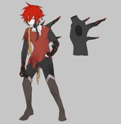 Rule 34 | 1boy, bandages, fangs, male focus, lava, open mouth, pixiv fantasia, pixiv fantasia revenge of the darkness, pointy ears, red eyes, red hair, shuai, simple background, sleeveless, torn clothes