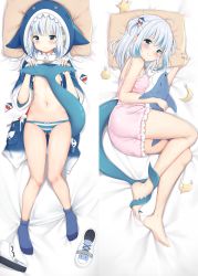 Rule 34 | 1girl, ass, blue eyes, blue hair, blue socks, chintora0201, clothes lift, dakimakura (medium), fins, fish tail, gawr gura, hair ornament, highres, hololive, hololive english, knees together feet apart, lingerie, looking at viewer, multicolored hair, nail polish, no bra, open mouth, panties, shark tail, sharp teeth, shirt lift, shoes, silver hair, skindentation, socks, solo, streaked hair, striped clothes, striped panties, tail, tail wrap, teeth, underwear, unworn shoes, virtual youtuber