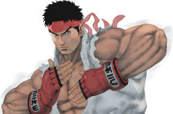 Rule 34 | 1boy, abs, black hair, closed mouth, dougi, fighting stance, fingerless gloves, gloves, headband, large pectorals, male focus, muscular, muscular male, nt (gun-ash), pectorals, red gloves, red headband, ryu (street fighter), short hair, simple background, solo, street fighter, street fighter 6, torn clothes, upper body, white background